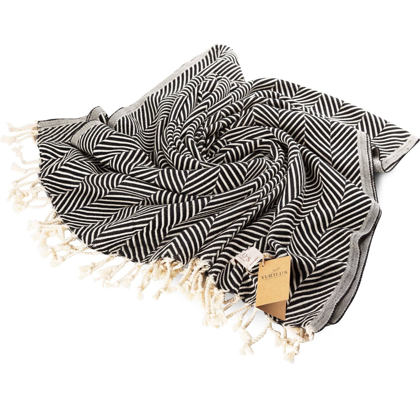 YURTLU'S Sapphire Series Turkish Beach Towel Pre-Washed 38"x72" Quick Dry and Highly Absorbent Oversized Sand-Free Stylish and Versatile for Beach, Spa, and Home Light 100% Cotton Peshtemal - Black