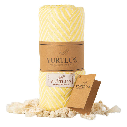 YURTLU'S Sapphire Series Turkish Beach Towel Pre-Washed 38"x72" Quick Dry and Highly Absorbent Oversized Sand-Free Stylish and Versatile for Beach, Spa, and Home Light 100% Cotton Peshtemal - Yellow