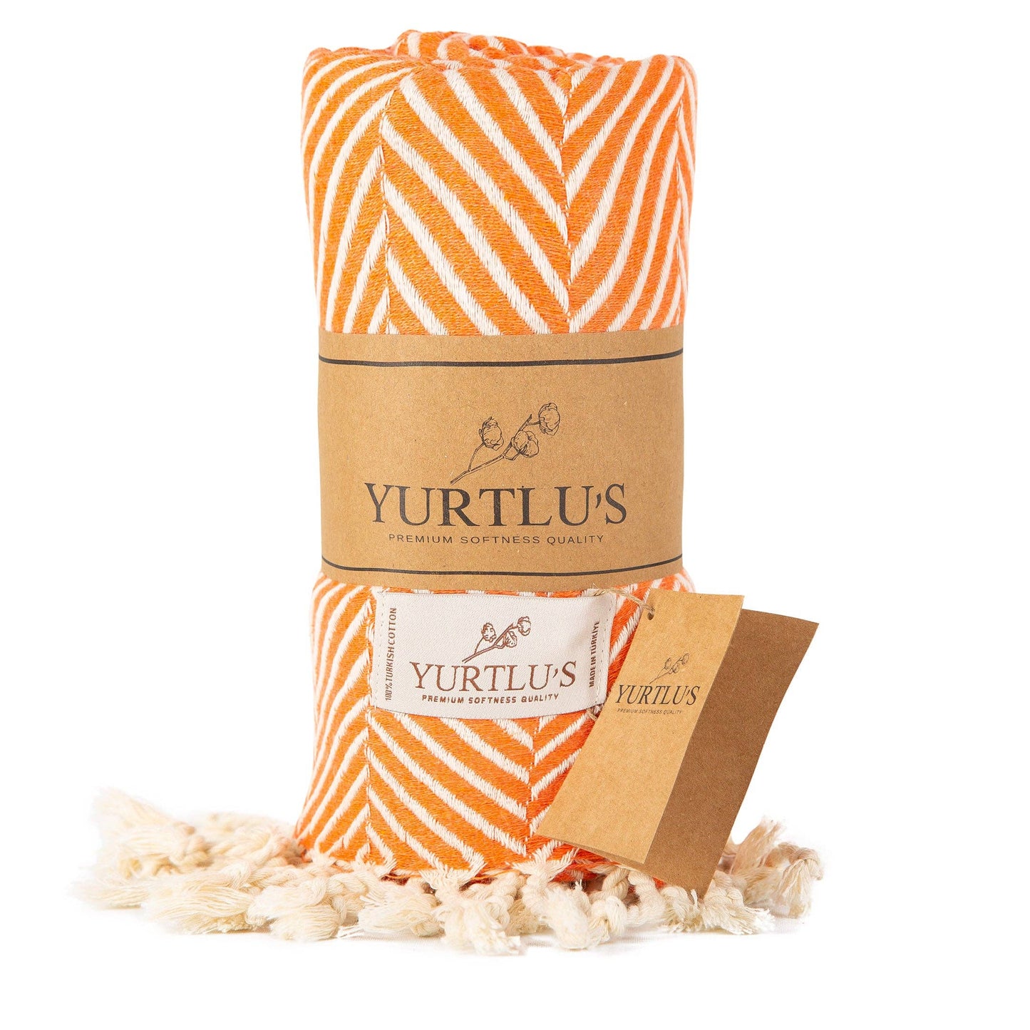 YURTLU'S Sapphire Series Turkish Beach Towel Pre-Washed 38"x72" Quick Dry and Highly Absorbent Oversized Sand-Free Stylish and Versatile for Beach, Spa, and Home Light 100% Cotton Peshtemal - Orange
