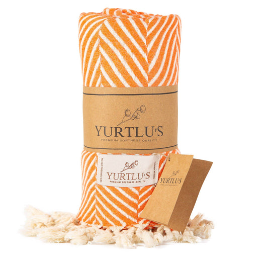 YURTLU'S Sapphire Series Turkish Beach Towel Pre-Washed 38"x72" Quick Dry and Highly Absorbent Oversized Sand-Free Stylish and Versatile for Beach, Spa, and Home Light 100% Cotton Peshtemal - Orange