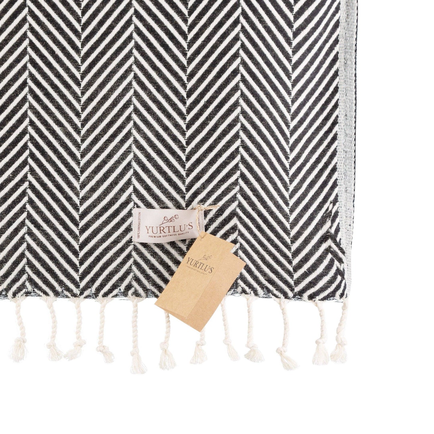 YURTLU'S Sapphire Series Turkish Beach Towel Pre-Washed 38"x72" Quick Dry and Highly Absorbent Oversized Sand-Free Stylish and Versatile for Beach, Spa, and Home Light 100% Cotton Peshtemal - Black