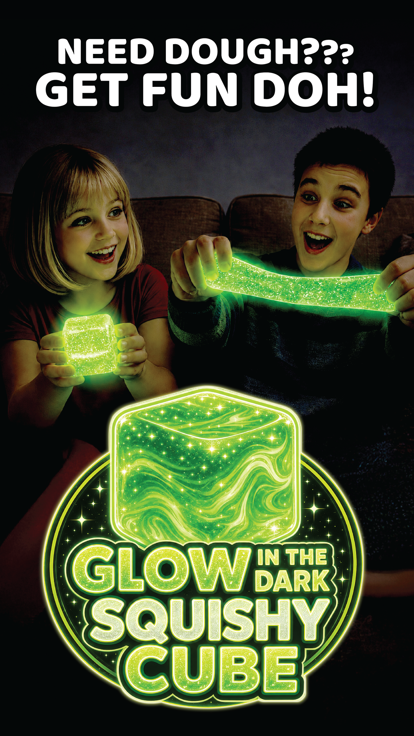 Fun Doh Glow in the Dark Squishy Sparkle Cube - 12/Display