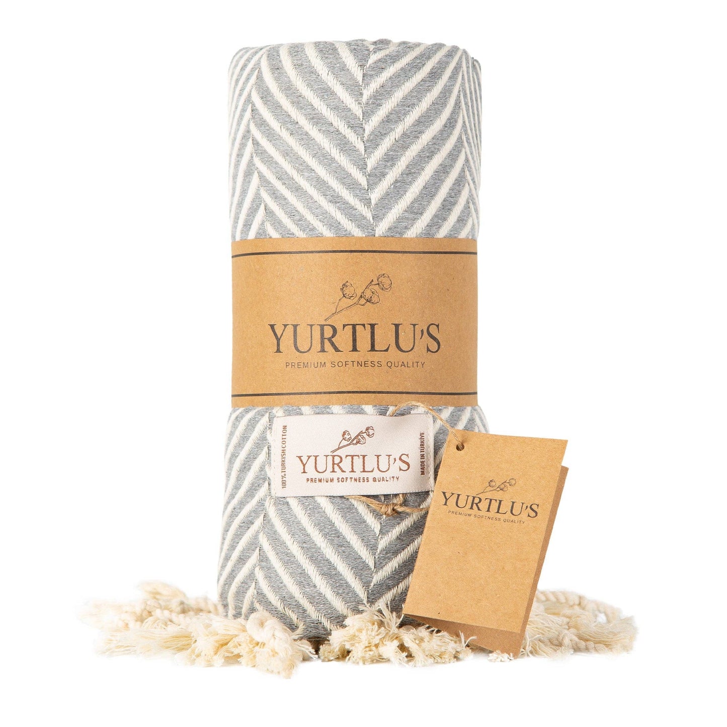 YURTLU'S Sapphire Series Turkish Beach Towel Pre-Washed 38"x72" Quick Dry and Highly Absorbent Oversized Sand-Free Stylish and Versatile for Beach, Spa, and Home Light 100% Cotton Peshtemal - Gray